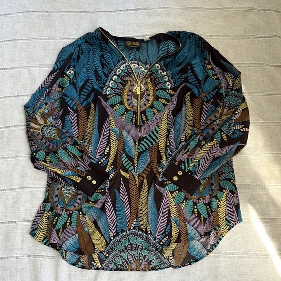 Bob Mackie Blue Green Long Sleeve Graphic Blouse - Picture 10 of 13